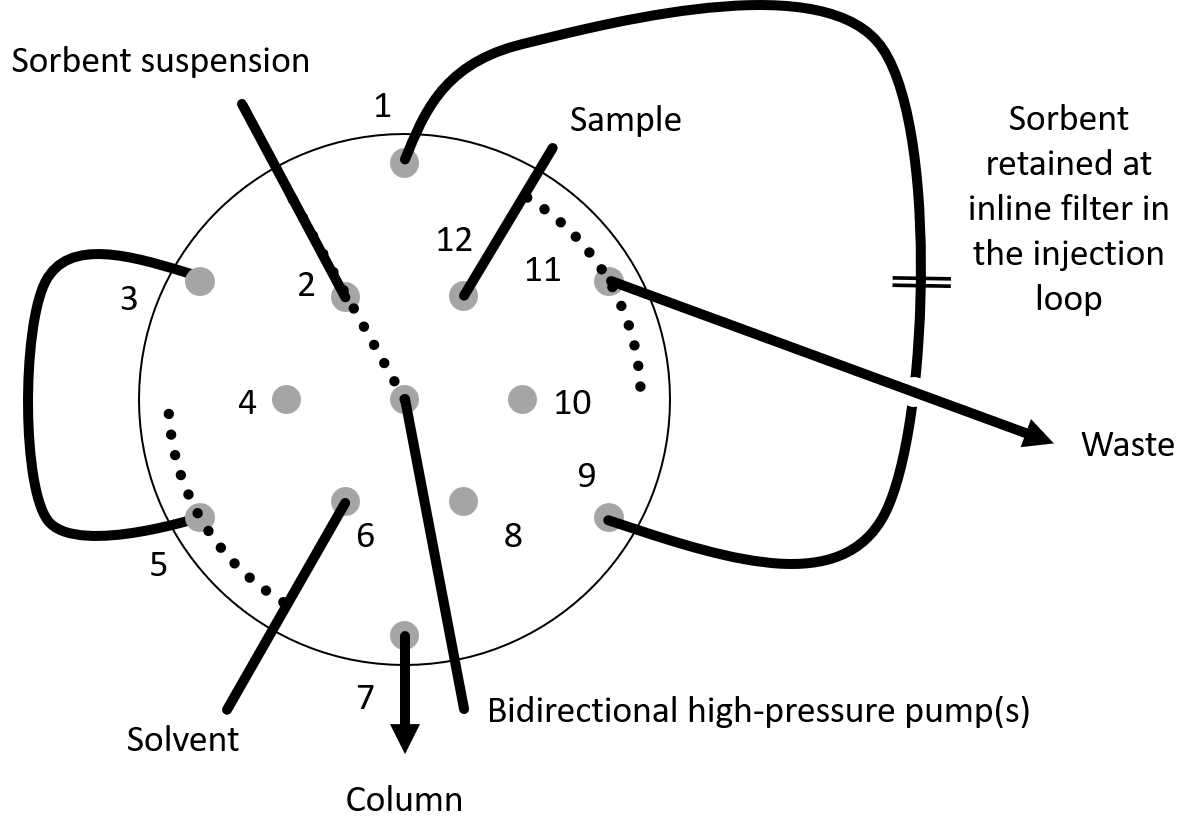 Twelve-position valve with the injection loop between ports 1 and 9, the bypass between 3 and 5, and the pump, sorbent suspension, sample, solvent, waste and column connections